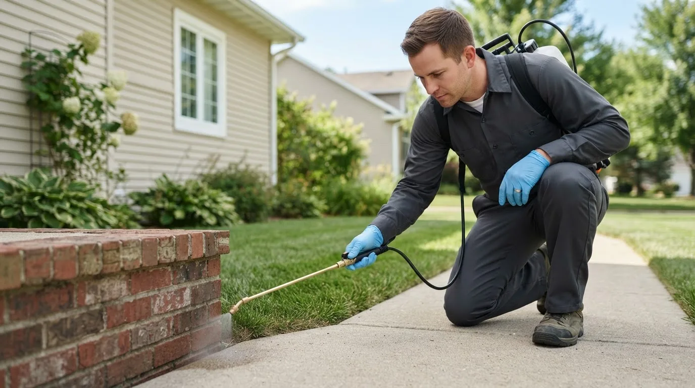 Pest control technician treating a home near Medina, NY